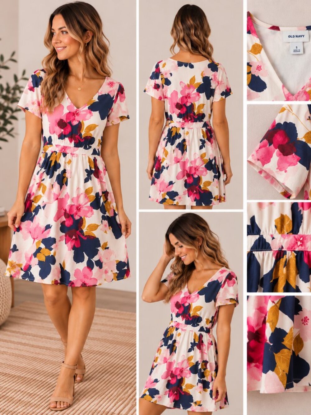 Old Navy White Pink Navy Floral V-Neck Fit & Flare Dress S
